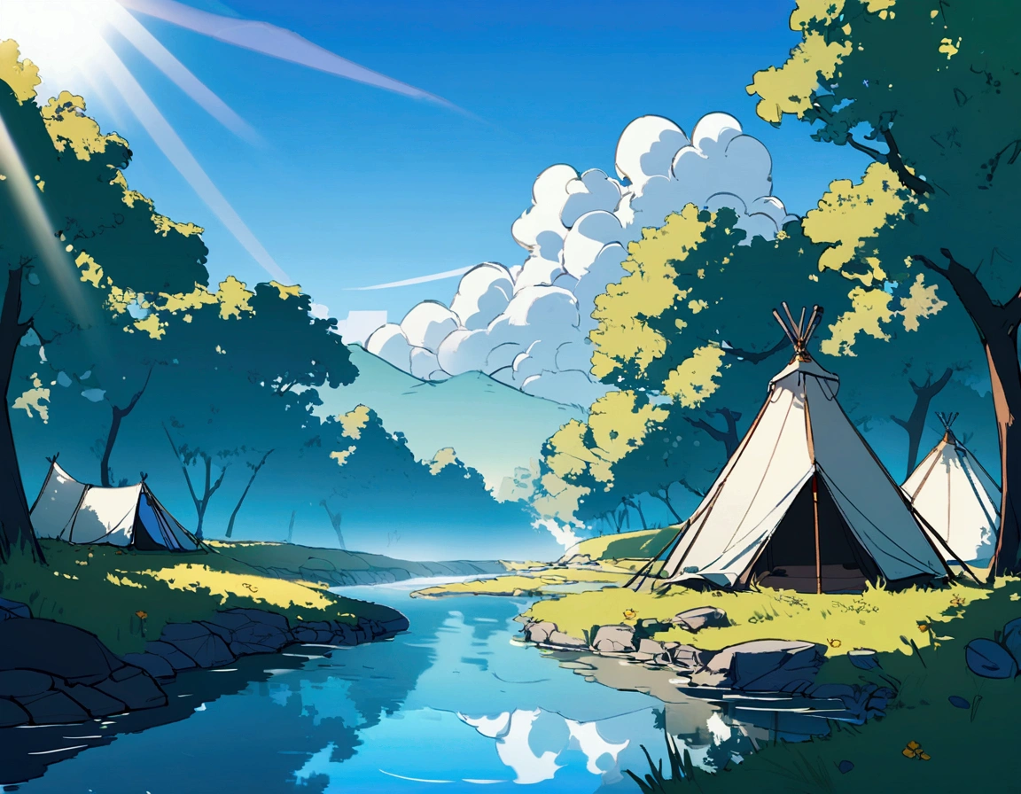 Fantasy,unmanned,background,Beautiful stream,wood々,Bright landscape,Blue sky,White cloud,Light of the sun,Primitive1Two tents,,,,