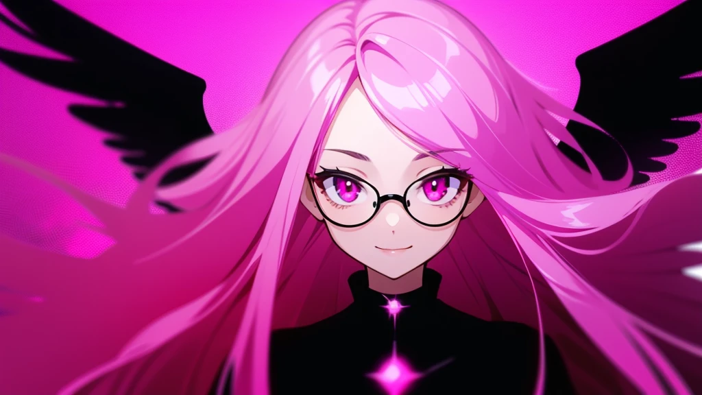 Girl smiling with long pink hair and black prescription glasses pink eyes black clothes and black wings pink background
