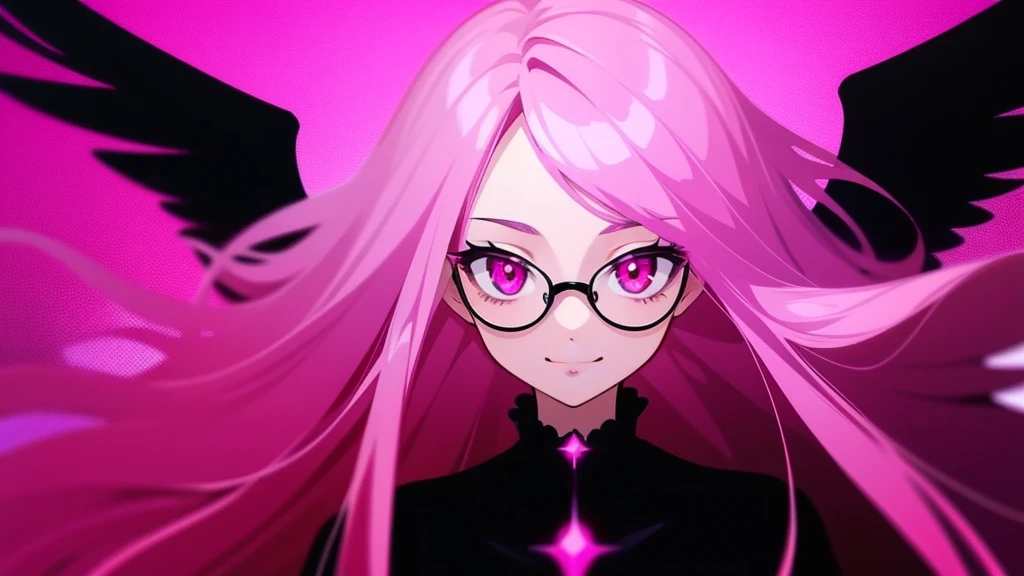 Girl smiling with long pink hair and black prescription glasses pink eyes black clothes and black wings pink background