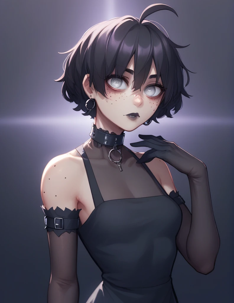 1 girl, very Short hair, tomboy Pixie haircut, black hair, red eyes, lipstick, black choker, face portrait, tank top, shigenori soejima style, perfect art