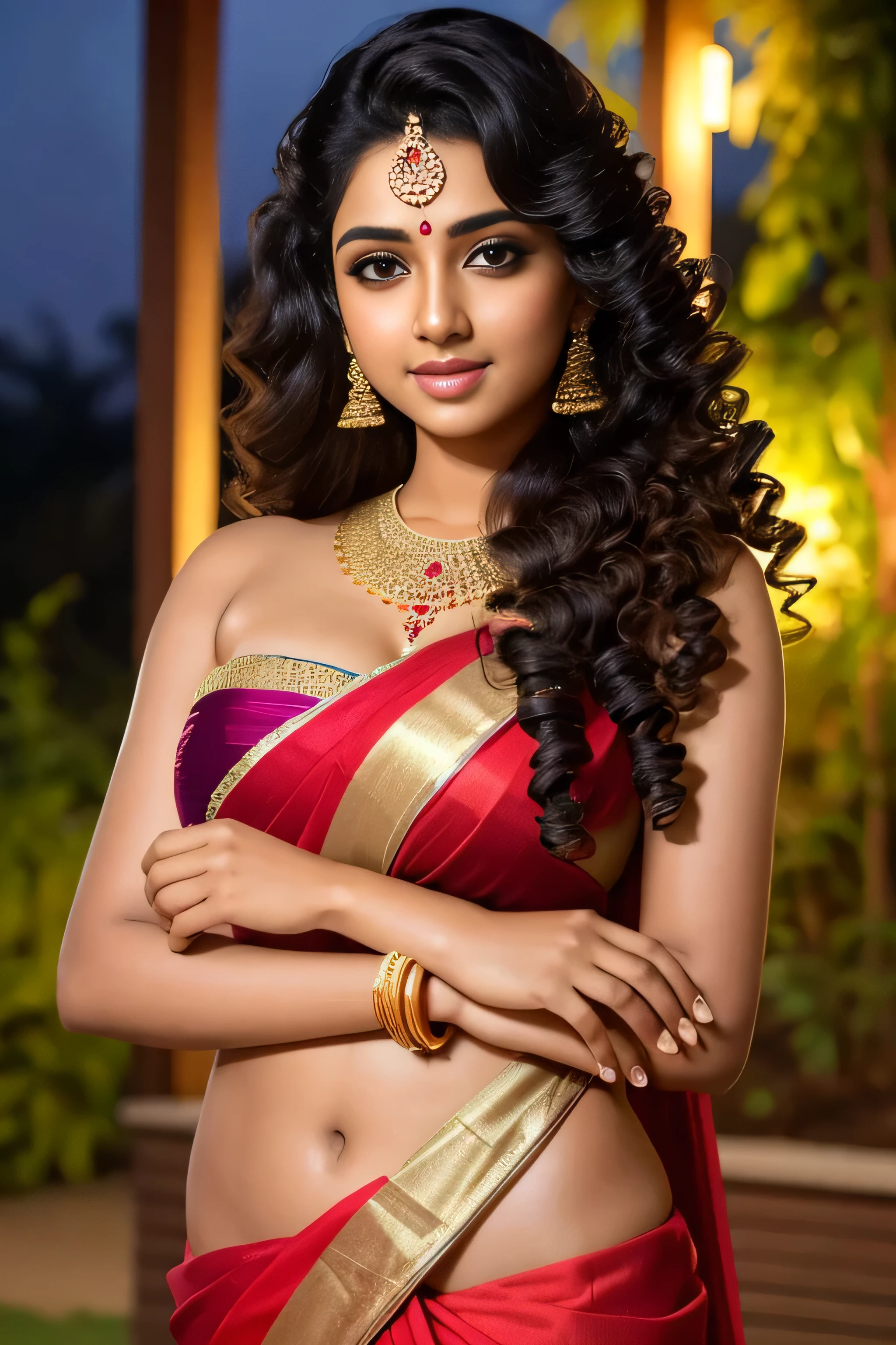 Young busty Indian woman, Topless Sally, Strapless, big , garden, night, Detailed body, Detailed face, Ultra-realistic, Charm, cute, big hazel eyes with long curly hair, Perfect Fingers, Ambient Lighting, winter, Detailed Background, 8k