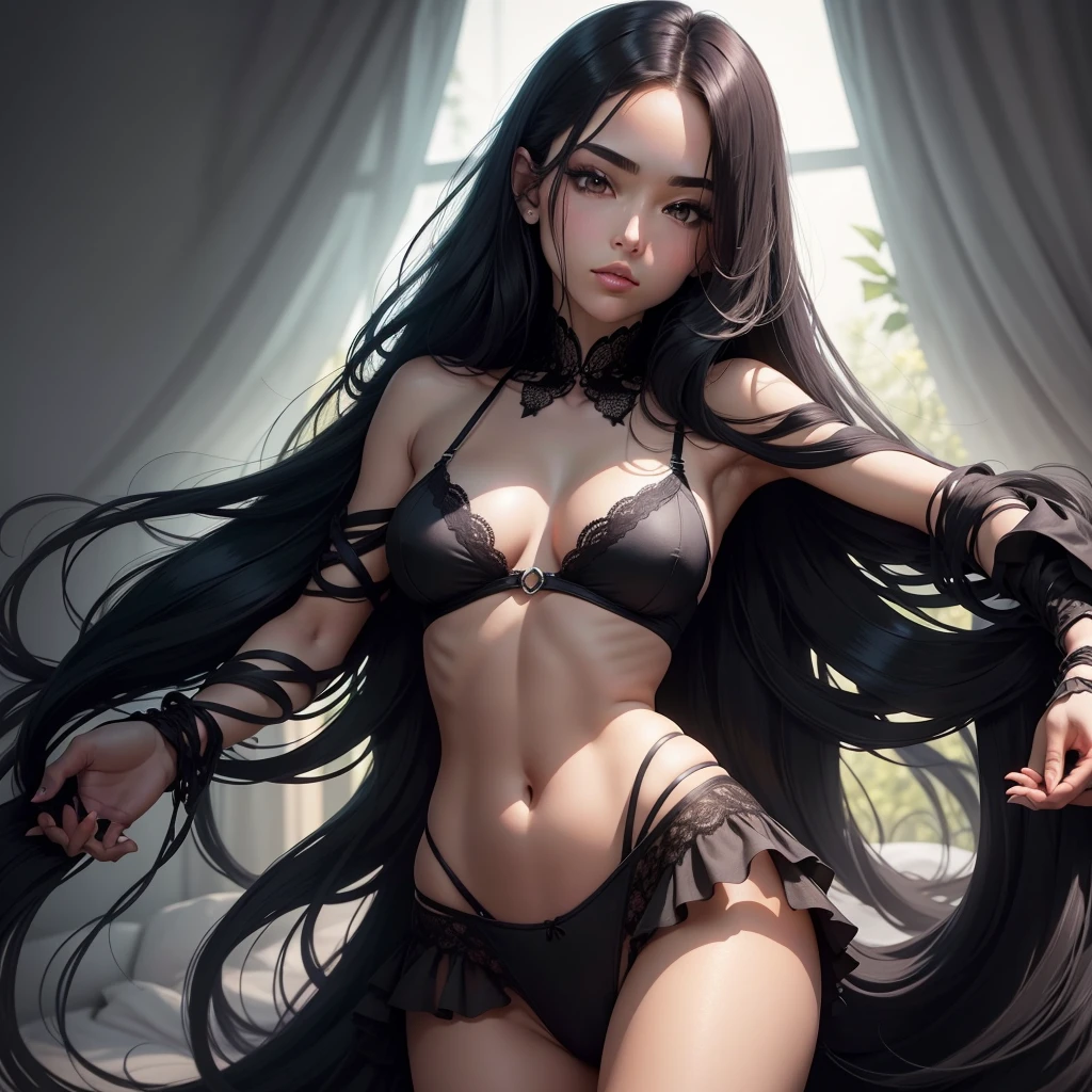 a woman in a black lingerie suit posing, fully body, legs thick, complete body, standing reclining backwards, showing the whole body, It is considered to be around 175 cm。 - Hair color: Darker marrom。 long hair, leaning back, black lingerie, , Single photo, only one person in the photo, photo of just one person, only one in image, reclining body for after, black cloack, usando black cloack, alone, only her, alone na imagem, just her, beautiful cover, cover behind her, Arms open to the sides