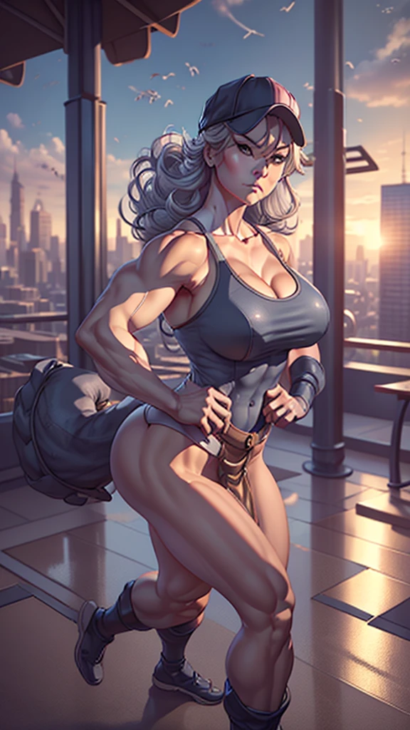 Thin strap tank top、mini skirt、Wearing sandals、Wearing a baseball cap、Tie the tail。Large Breasts、Rounded、Standing strong、Perfect figure、Thick thighs、meaty thighs、Sexy figure。Old woman、Aged woman、Gray dyed hair、Tired look。
Summer evening city、evening、sunset。