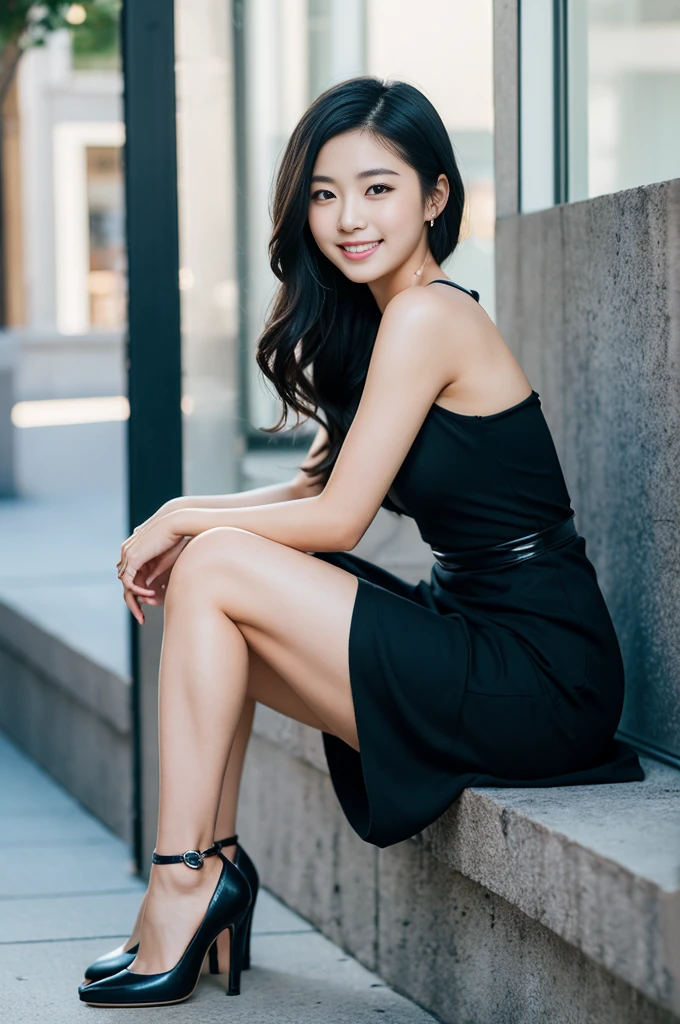 (Only one person), Pure Japanese young girl, wearing dress, high heels, vivid makeup and lips, thick eyebrows, formal black hair styles, sweet smile, sitting, summer midnight, professional photography, 