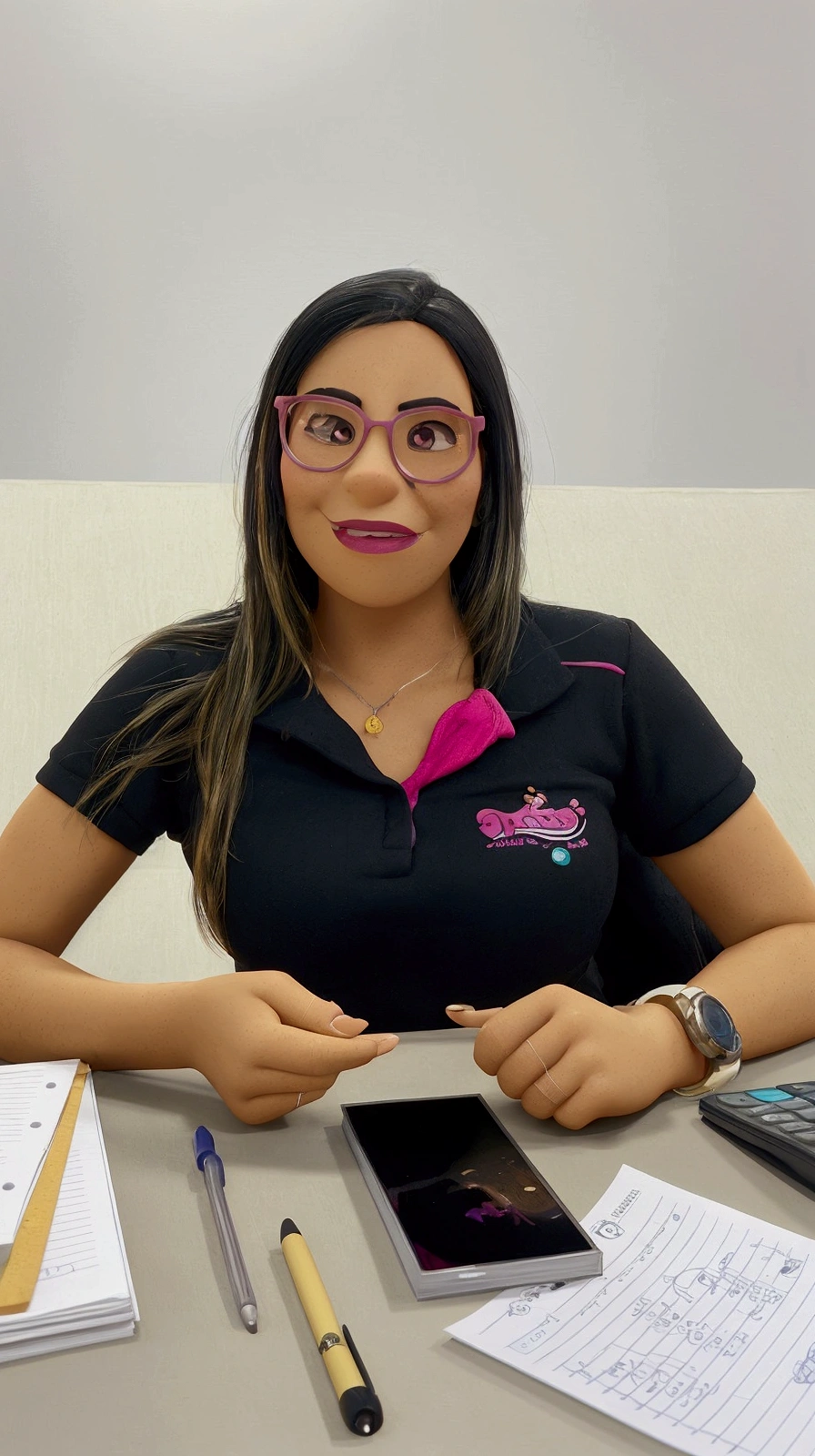 Cartoon character of a woman in pink glasses and black shirt, an animated character, stylized character, animation style rendering, 3d stylized, Arnold Maya rendering, Stylized 3D rendering, toon render screenshot, 3d character, 3d character, Stylized 3D rendering, 3D character rendering, cartoon character, Personagem de close up, character posing, (Pixar-style) (master part:1.2) (bokeh) (best qualityer) (skin detailed) (detailed texture) (8k) (Argilla) (cinematic lighting) (sharp focus，Sit down and lift your upper body