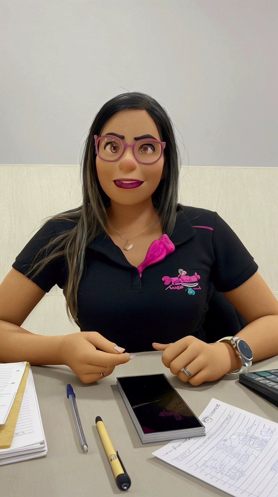 Cartoon character of a woman in pink glasses and black shirt, an animated character, stylized character, animation style rendering, 3d stylized, Arnold Maya rendering, Stylized 3D rendering, toon render screenshot, 3d character, 3d character, Stylized 3D rendering, 3D character rendering, cartoon character, Personagem de close up, character posing, (Pixar-style) (master part:1.2) (bokeh) (best qualityer) (skin detailed) (detailed texture) (8k) (Argilla) (cinematic lighting) (sharp focus,Sit down and lift your upper body