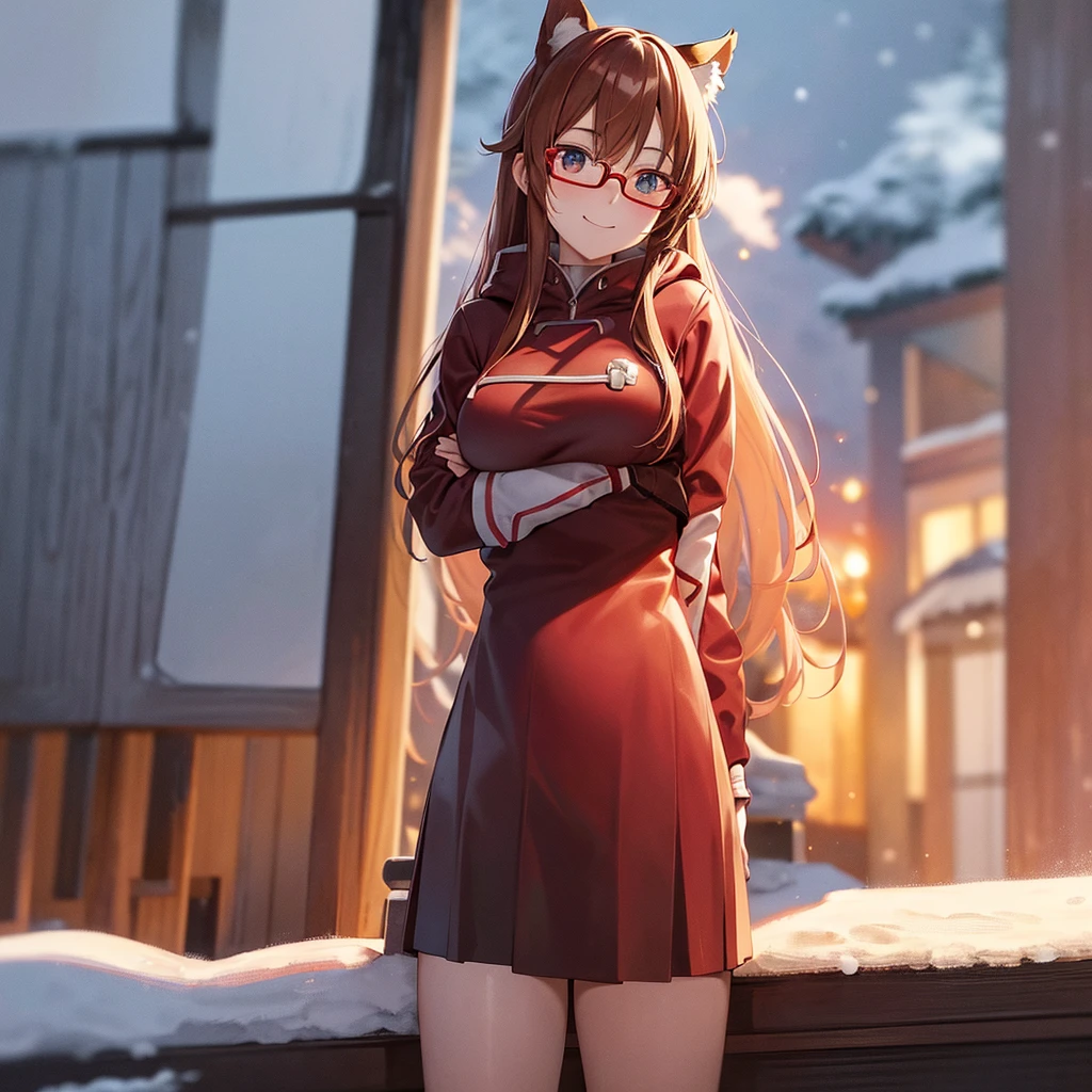asuna, sao, crown half up hairstyle, Girl, Big Breasts, Black Valley, Red pupil, Red glasses, Mischievous Smile, Brown shorthair, Animal Ears, Winter season, (Light red open front fur hooded jacket:1.1), (Black pleated skirt:1.1), sunset, UHD, masterpiece, accurate, anatomically correct, 8k