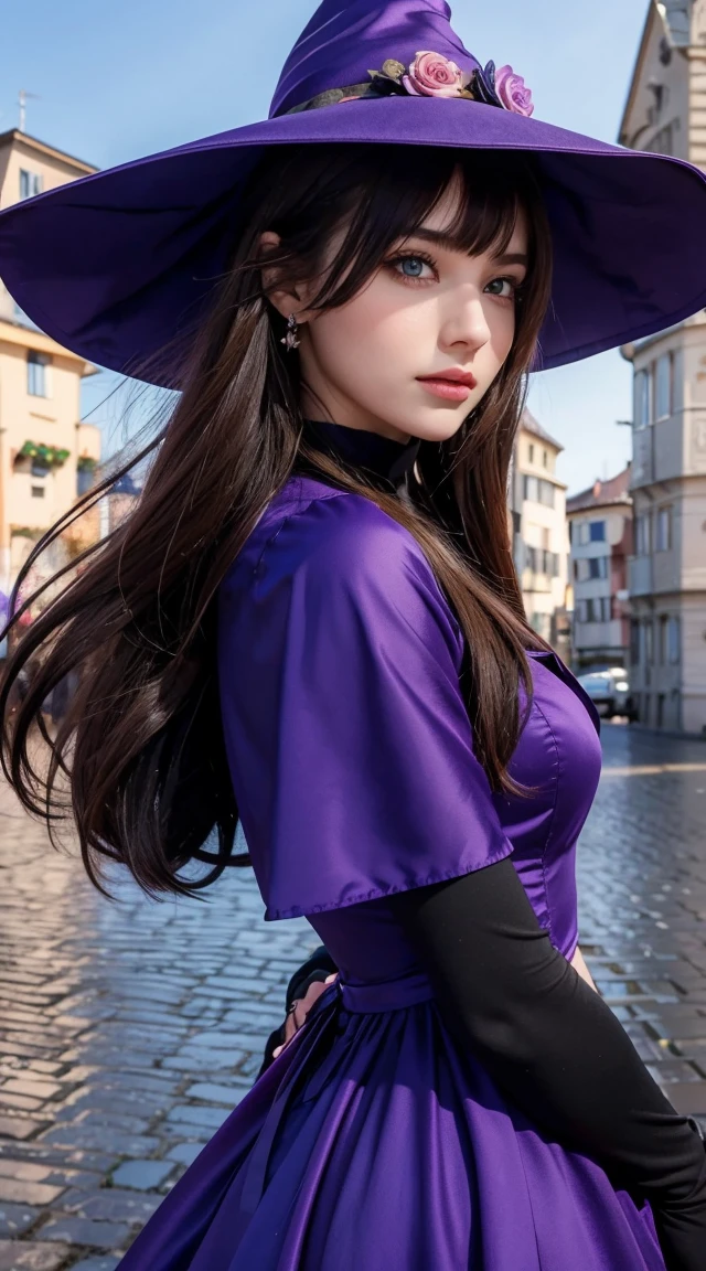 Beautiful girl, Perfect Face, Arms at your sides, masterpiece, Ultra-high resolution, high quality, 4K, Upper Body:1.5, Lisa (Genshin Impact), urple witch hat, Green Eyes, Brown Hair, (Pure Eros Face_v1:0.008), (Europe:1.6), bangs, dress, Rose, jewelry, witch, Capelet, Purple hat, Black gloves, Purple Flower, Hair between the eyes, purple Rose, Lips parted, purple Capelet, Hat Flower, multicolored dress, hair ornaments, windmill, From the side,