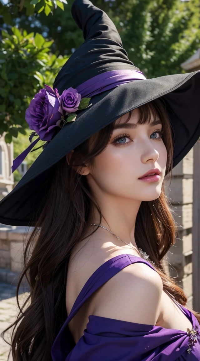 Beautiful girl, Perfect Face, Arms at your sides, masterpiece, Ultra-high resolution, high quality, 4K, Upper Body:1.5,  Lisa (Genshin Impact), urple witch hat, Green Eyes, Brown Hair, (Pure Eros Face_v1:0.008), (Europe:1.6), bangs, dress, Rose, jewelry, witch, Capelet, Purple hat, Black gloves, Purple Flower, Hair between the eyes, purple Rose, Lips parted, purple Capelet, Hat Flower, multicolored dress, hair ornaments,  windmill, From the side,
