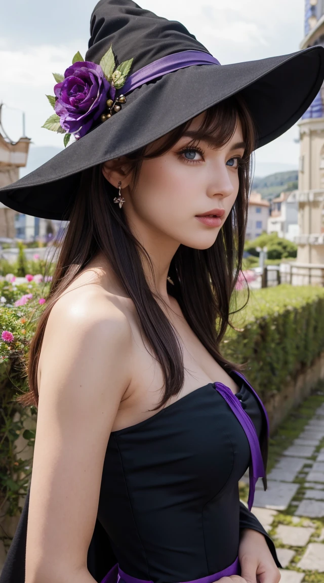 Beautiful girl, Perfect Face, Arms at your sides, masterpiece, Ultra-high resolution, high quality, 4K, Upper Body:1.5, Lisa (Genshin Impact), urple witch hat, Green Eyes, Brown Hair, (Pure Eros Face_v1:0.008), (Europe:1.6), bangs, dress, Rose, jewelry, witch, Capelet, Purple hat, Black gloves, Purple Flower, Hair between the eyes, purple Rose, Lips parted, purple Capelet, Hat Flower, multicolored dress, hair ornaments, windmill, From the side,