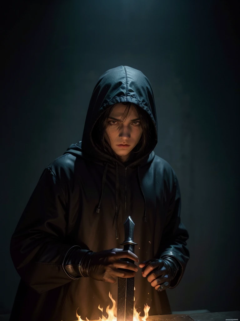faceless hooded dark male knight in sinister bosue. strong, fire. gloria. mutating sword 