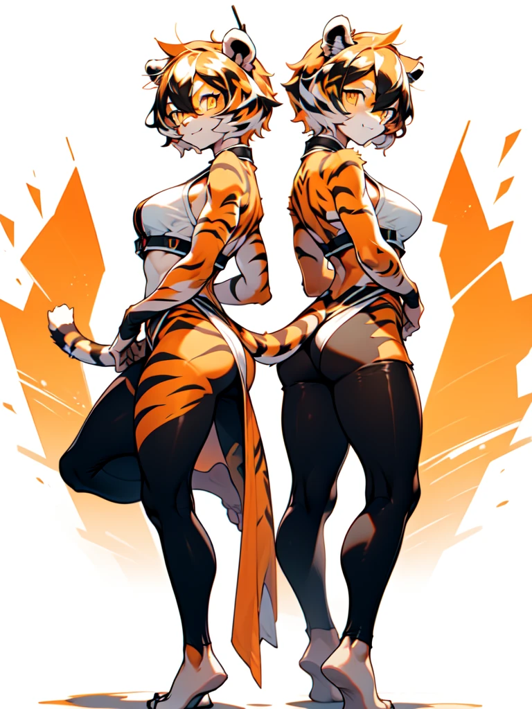 front and back,white background, full body, Standing:1.5, japan cloth,animal ears, white hair, black hair, short hair, large breasts, tiger skin，Abdominal muscles, tail, orange eyes, orange hair, multicolored hair, tiger girl, hair between eyes, tiger_ears, tiger_tail, orange-tinted_eyewear, tinted_eyewear, big breasts, evil smile, Shadows under feet, sey ass,