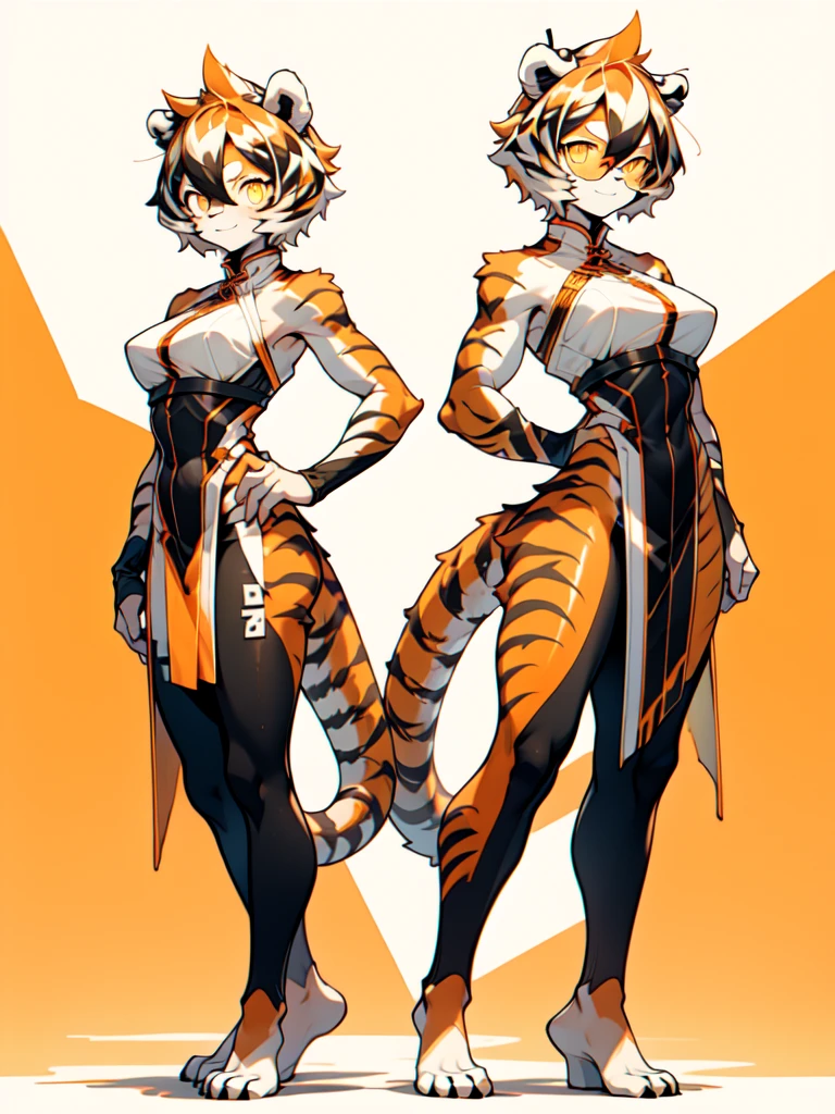 front and back,white background, full body, Standing:1.5, japan cloth,animal ears, white hair, black hair, short hair, large breasts, tiger skin，Abdominal muscles, tail, orange eyes, orange hair, multicolored hair, tiger girl, hair between eyes, tiger_ears, tiger_tail, orange-tinted_eyewear, tinted_eyewear, big breasts, evil smile, Shadows under feet, sey ass,