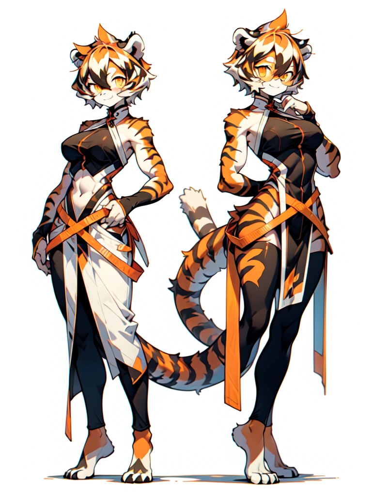 front and back,white background, full body, Standing:1.5, Crotch cloth and bikini bra,animal ears, white hair, black hair, short hair, large breasts, tiger skin，Abdominal muscles, tail, orange eyes, orange hair, multicolored hair, tiger girl, hair between eyes, tiger_ears, tiger_tail, orange-tinted_eyewear, tinted_eyewear, big breasts, evil smile, Shadows under feet, sey ass,