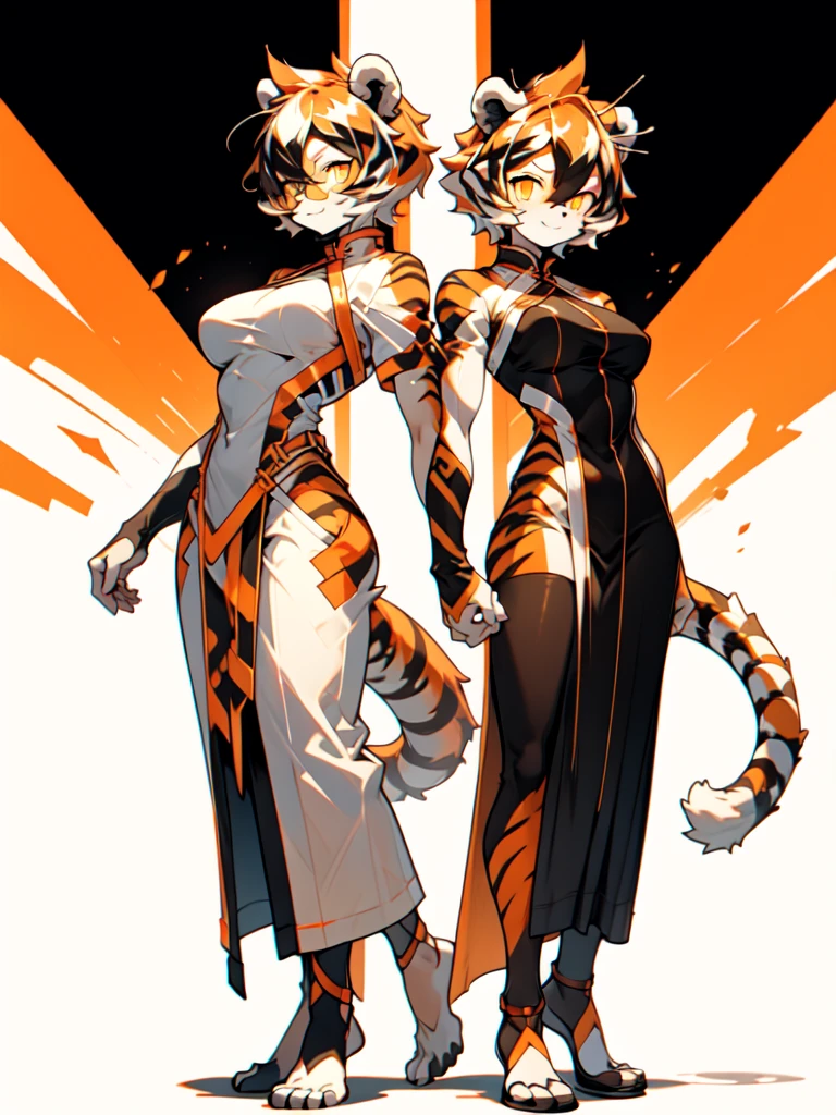 front and back,white background, full body, Standing:1.5, japan cloth,animal ears, white hair, black hair, short hair, large breasts, tiger skin，Abdominal muscles, tail, orange eyes, orange hair, multicolored hair, tiger girl, hair between eyes, tiger_ears, tiger_tail, orange-tinted_eyewear, tinted_eyewear, big breasts, evil smile, Shadows under feet, sey ass,