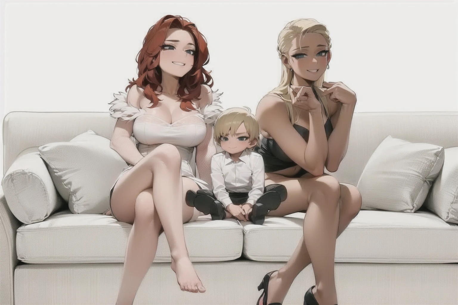 two sexy women looking down at boy with blonde hair, seductive smiles, portrait, various hair