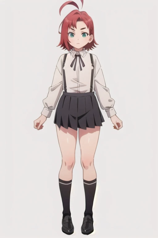 One girl,kusuriyakuzenbianxiao,alone,Antenna Hair,Hart Ahoge,short hair,Redhead,Short eyebrows,Thick eyebrows,Green Eyes,Aqua Eye,Dilapidated,
Green jeweled neck ribbon,White,Long sleeve,White pink collared shirt,Dark pleated skirt with suspenders,Dark Knee High Socks,
Black Loafers,, Amazing visuals, High resolution,masterpiece,Highest quality,Amazing visuals,High resolution,masterpiece,Highest quality,18-year-old,young woman,Beautiful fingers,Beautiful long legs,Beautiful body,Beautiful character design,