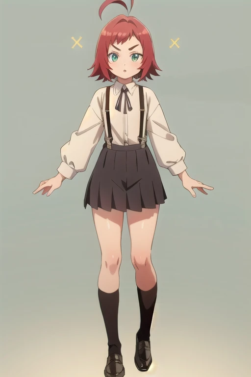 One girl,kusuriyakuzenbianxiao,alone,Antenna Hair,Hart Ahoge,short hair,Redhead,Short eyebrows,Thick eyebrows,Green Eyes,Aqua Eye,Dilapidated,
Green jeweled neck ribbon,White,Long sleeve,White pink collared shirt,Dark pleated skirt with suspenders,Dark Knee High Socks,
Black Loafers,, Amazing visuals, High resolution,masterpiece,Highest quality,Amazing visuals,High resolution,masterpiece,Highest quality,18-year-old,young woman,Beautiful fingers,Beautiful long legs,Beautiful body,Beautiful character design,