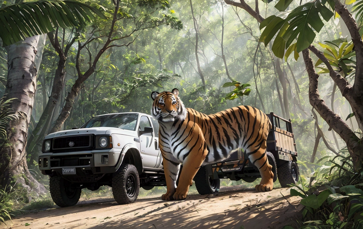 (best quality,4k,8k,highres,masterpiece:1.2),deep jungle, multiple boys exploring amazon, truck, animals, tigers, historical, wide shot, realistic, hyper-realistic, photorealistic,ultra-detailed,(realistic,photorealistic,photo-realistic:1.37),vivid colors,dramatic lighting,