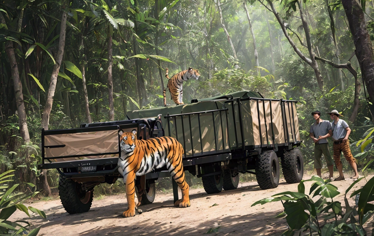 (best quality,4k,8k,highres,masterpiece:1.2),deep jungle, multiple boys exploring amazon, truck, animals, tigers, historical, wide shot, realistic, hyper-realistic, photorealistic,ultra-detailed,(realistic,photorealistic,photo-realistic:1.37),vivid colors,dramatic lighting,