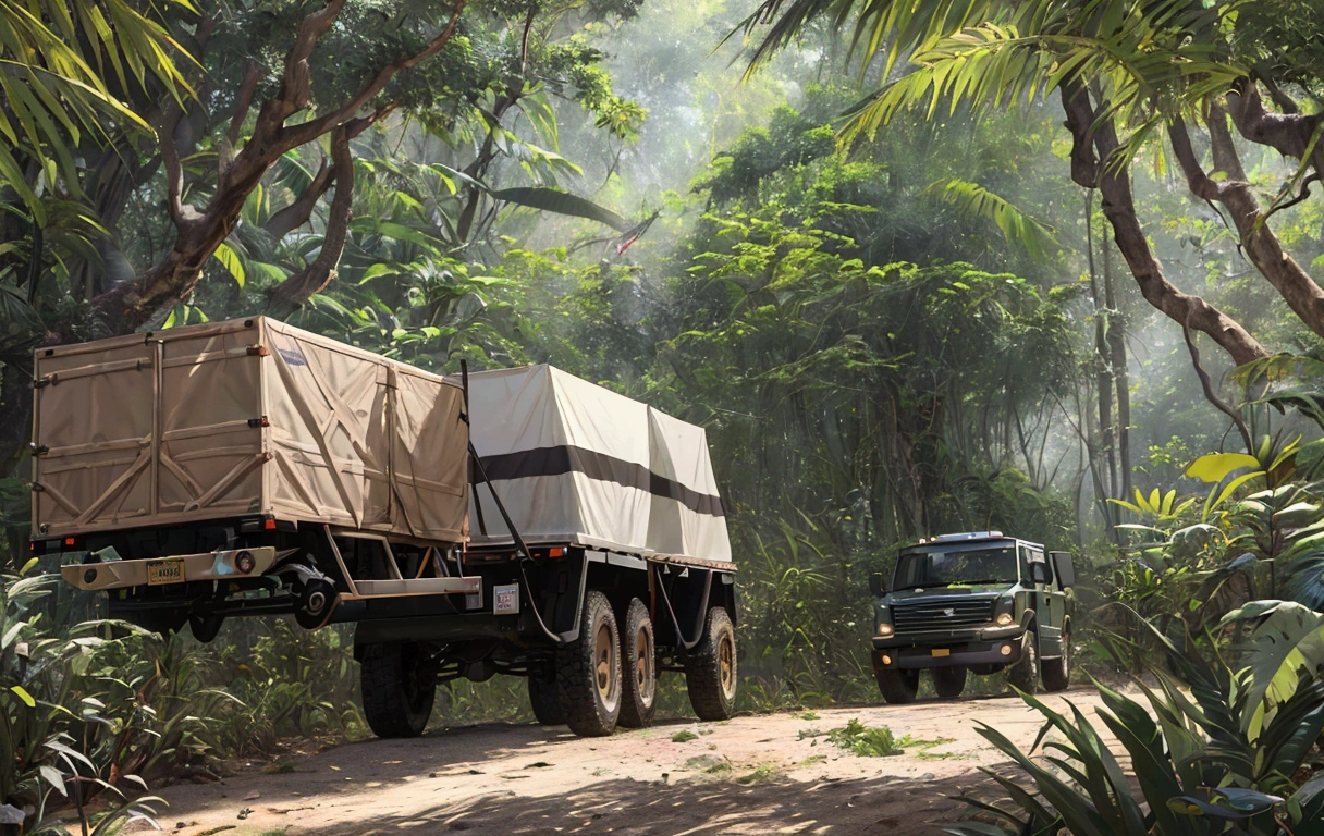 (best quality,4k,8k,highres,masterpiece:1.2),deep jungle, multiple boys exploring amazon, truck, animals, tigers, historical, wide shot, realistic, hyper-realistic, photorealistic,ultra-detailed,(realistic,photorealistic,photo-realistic:1.37),vivid colors,dramatic lighting,