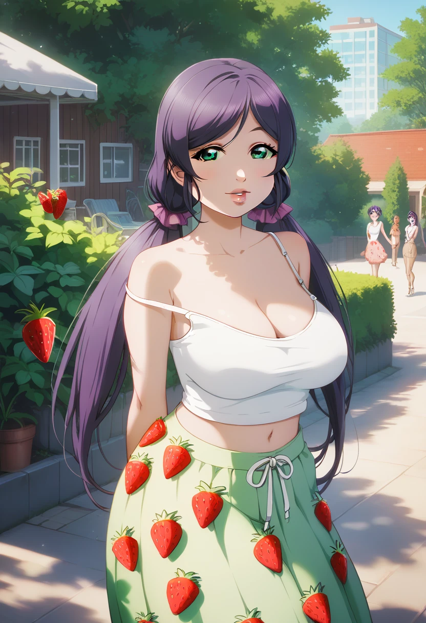 masterpiece, best quality, highres, toujo nozomi, green eyes,low twintails ,strawberry long skirt, outdoors, looking at viewer, white tank top,(red lipstick:0.5), big breasts,thicc body, purple hair, green eyes ,strap slip , arms behind back, curvy hips 