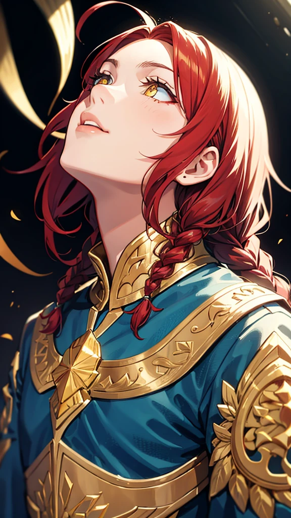Excellent, masterpiece, red hair, golden eyes, blue clothes, looking up, upper body, hair, fair skin, side braids