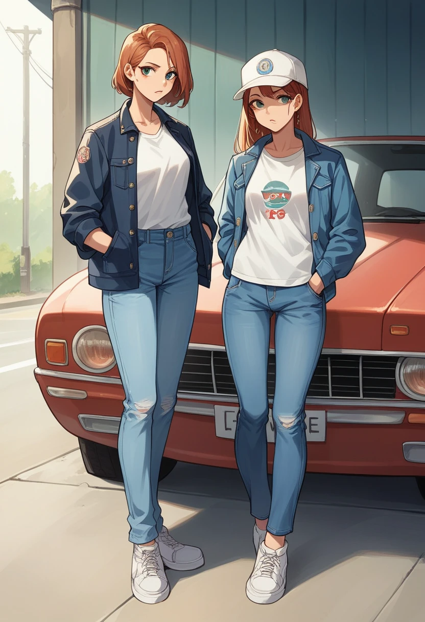 A 24-year-old veiled girl stands confidently next to a classic car, her hands tucked in her pockets. She's wearing a blue denim jacket over a white T-shirt and light blue jeans, with white sneakers completing the look. The car behind him is an iconic model from the 1960s, its vintage charm highlighted by its beige color and round headlights.