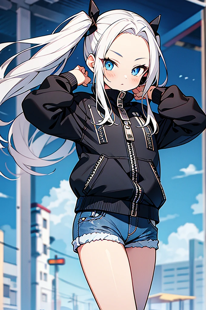 anime style,hairstyle forehead, girl,Denim short pants with open zipper,white hair,twintail hair,blue eyes,wearing black lace panties under short pants,