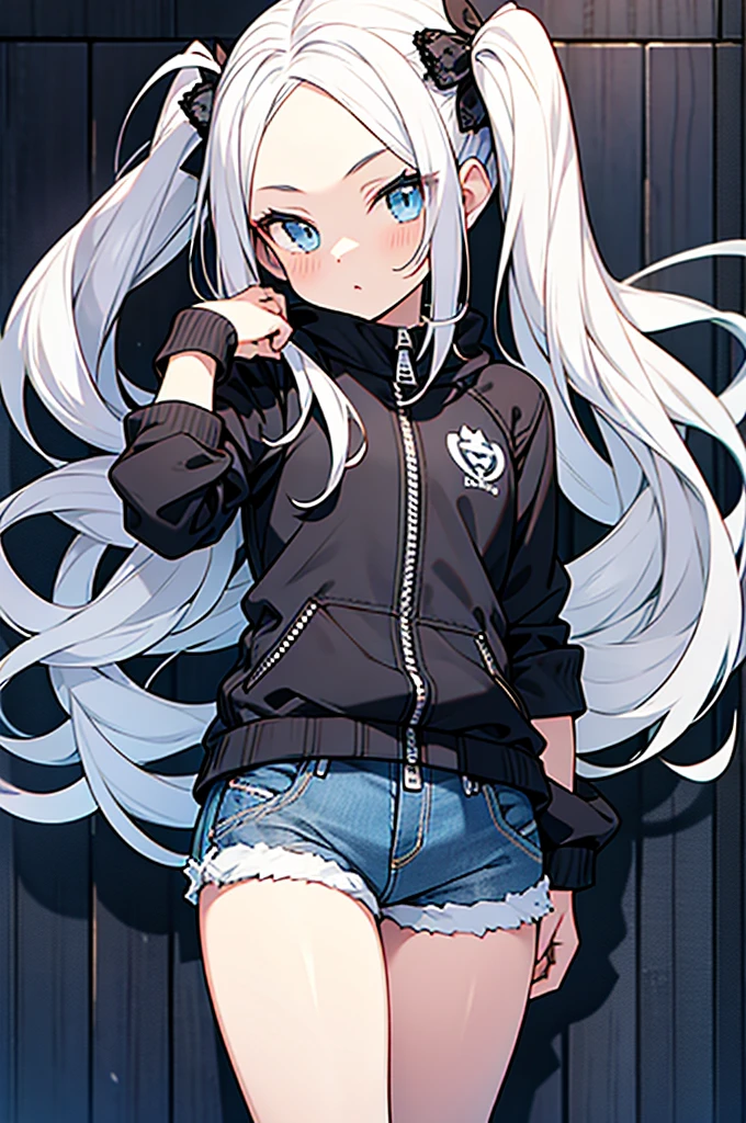 anime style,hairstyle forehead, girl,Denim short pants with open zipper,white hair,twintail hair,blue eyes,wearing black lace panties under short pants,