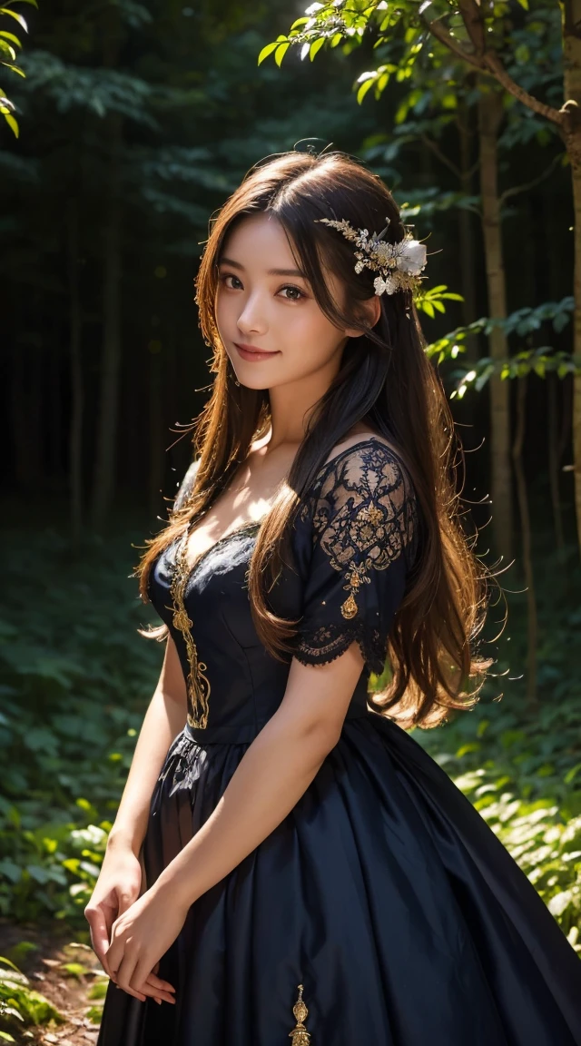 One girl, ,,Smile more, High-resolution images, woman, Her hair was decorated with glowing fireflies, Captivatingly shining eyes. Wearing a gown woven with moonlight, She is a tree々Standing in a vibrant and mysterious forest. scene, Surrounded by the fantastic light of fireflies, captured in the style of a magical forest arツーork., (masterpiece, Highest quality, Official Art,Intricate details:1.2)