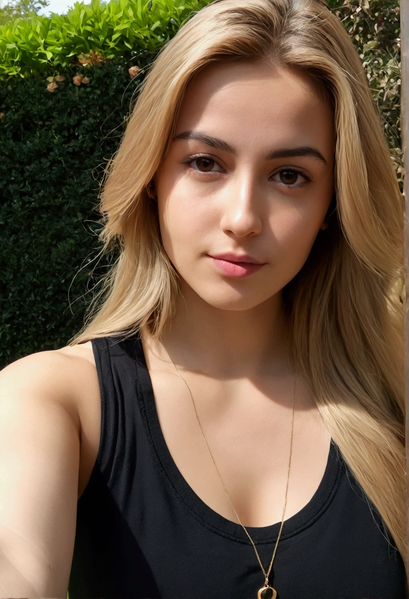 A 23-year-old blonde woman, ((pechos grandes)), ((hiperrealismo)) ,. blonde hair with light brown roots. cabello rubio, Hair with brown roots, cabello extra largo, cabello muy largo, really long hair, Beautiful, Front view, selfie, photo taken with camra, elegant black shirt with escote, escotada, selfie in the garden, high quality, selfie camra, cleavage 