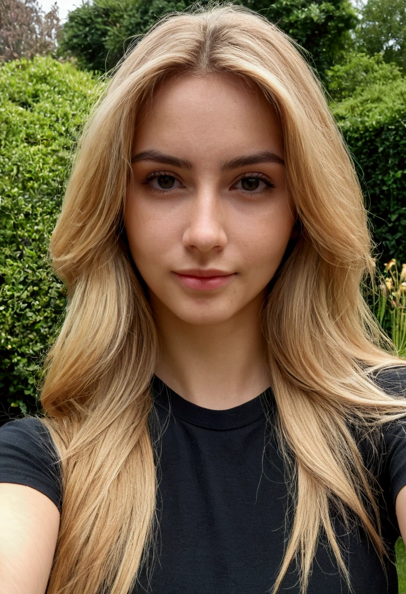 A 23-year-old blonde woman, ((pechos grandes)), ((hiperrealismo)) ,. blonde hair with light brown roots. cabello rubio, Hair with brown roots, cabello extra largo, cabello muy largo, really long hair, Beautiful, Front view, selfie, photo taken with camra, elegant black shirt with escote, escotada, selfie in the garden, high quality, selfie camra, cleavage