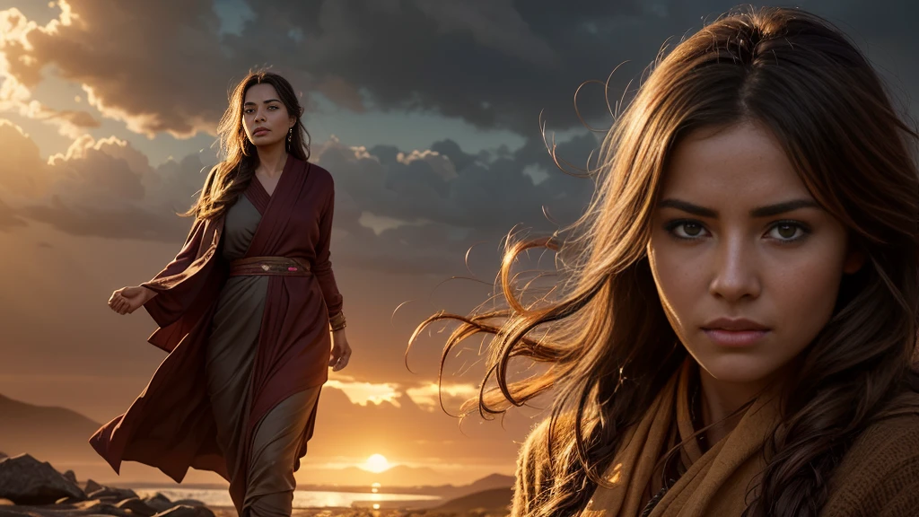 a woman on a spiritual journey of liberation from the weight of guilt through forgiveness and self-compassion, transforming pain into growth and finding inner peace, detailed face and expression, photorealistic, dramatic lighting, warm color tones, serene landscape background, cinematic composition, award winning digital art