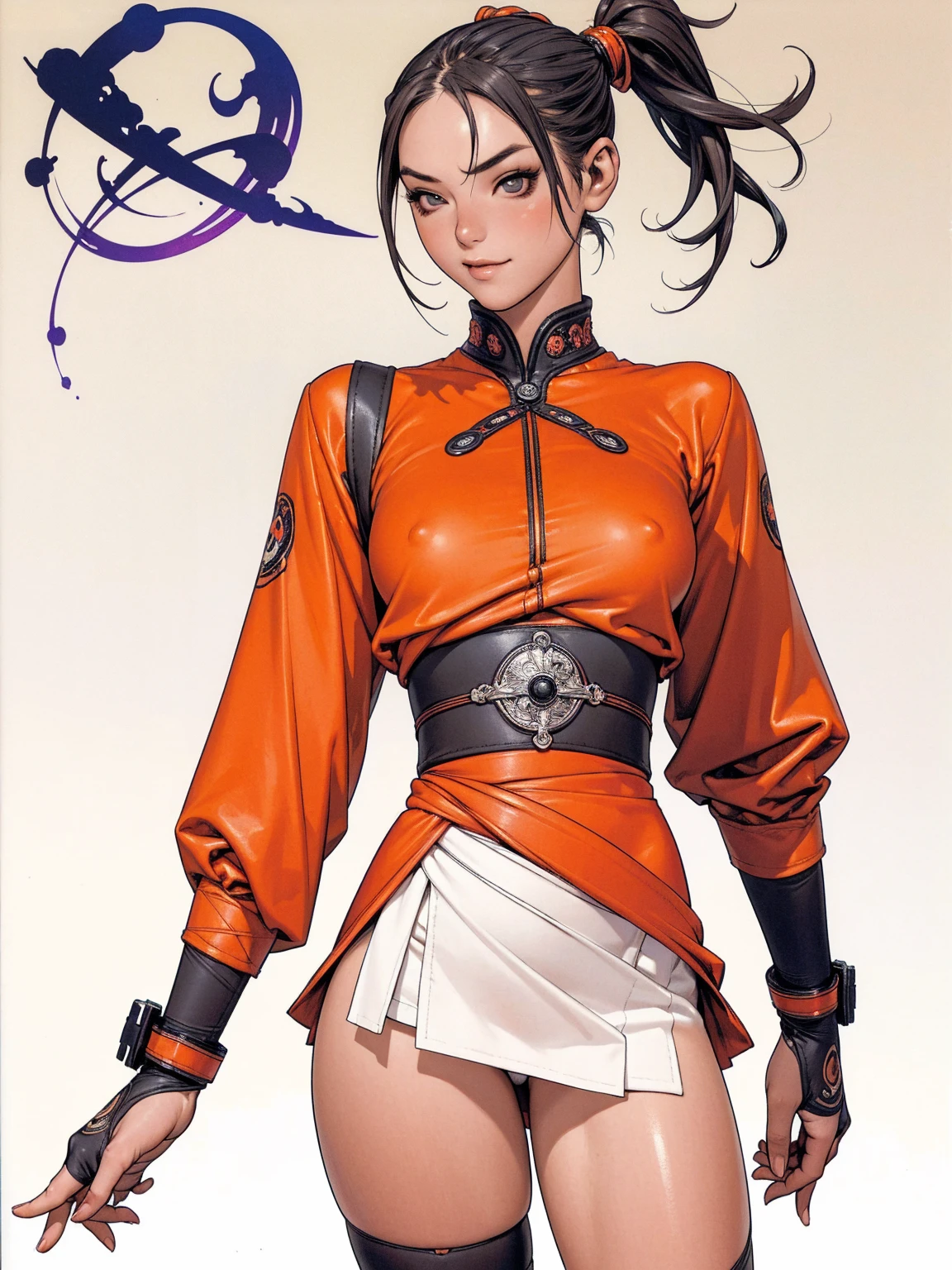 A beautiful , , super skinny, short mini skirt, wide belt, garter belt with black tights, thigh holster, breasts small, perfect little ass, narrow hip, Waist slender, pose sexly, ((ponytailhair style))), posing for manga cover photo, dynamic pose, malicious smile, seductiv, malicious, obscene, shamelessly, young, Stupid, nymph, manga style, random ethnicity, (((MMA fighter))), ((( red dress ))), (((bandaged arms))), ((high collar)), (((darkskin)), (((micro skirt with vertical seams))), (((best qualityer: 1.4))), (Unbeatable masterpiece), (hiper HD),(CG 8k hyper-realistic), (((hyper feminine))), sexly girl, king of fighter, ((( sculptural body ))), (((1 girl))), garota de 14歳m perfectbody e magro,Beautiful and well-groomed face, (Head to thigh photos), Complex equipment, (((standing alone))), pirralha violent, (((14歳)))exly, pose de atitude, work of art, (((manga style))), bounty hunter, violent, Manic, evil face with malicious smile, slenderbody, thin but strong, perfectbody, roupa moderna, advanced technology, neon, sleeves with vertical striped pattern, neutral background, (( cowboy shot )). intricate visual