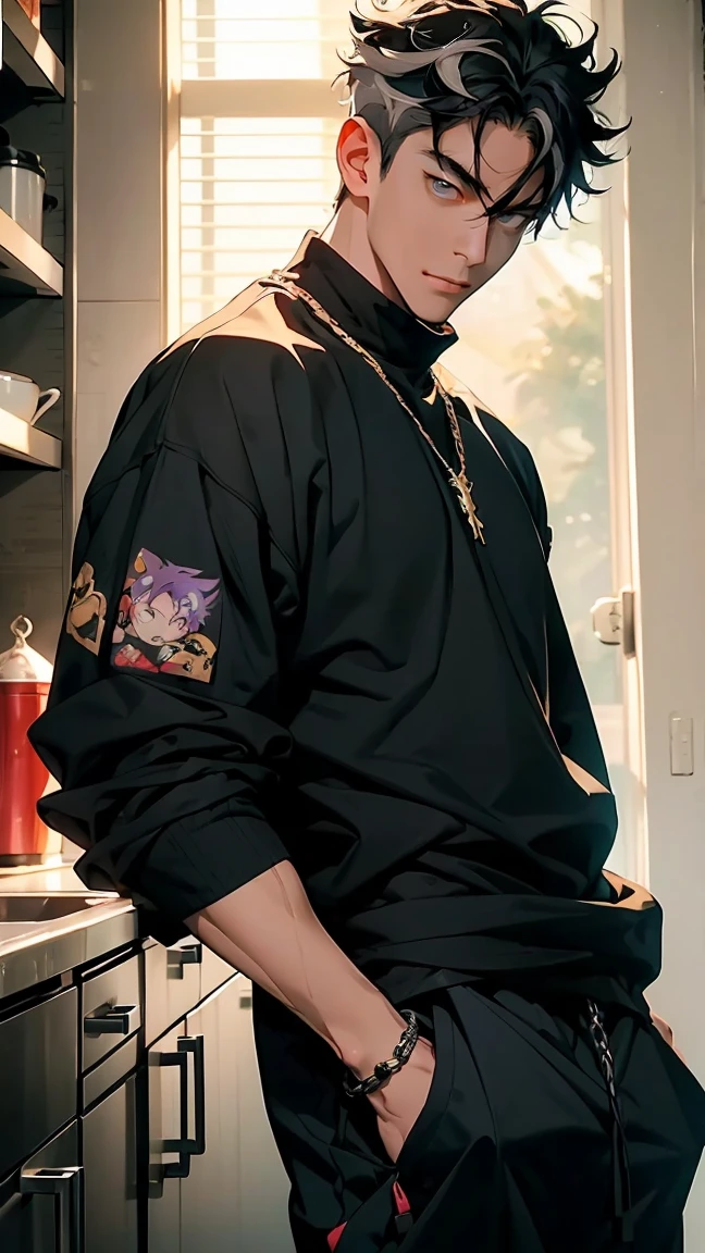 highest quality, 8K, high resolution image, anime style Jujutsu Kaisen, (Wriothesly/Genshin Impact), detailed strokes, bored look, blurry, purple light reflecting from it, (close angle), 1 man, young, male, model, Hand in pocket, Cool guy, multicolored background with different geometric shapes, around stickers, muscular, black hair, aqua eyes, multicolored hair, gray hair, hair between eyes, highlighted hair, puffy chest. He is wearing a white shirt and black sweatpants, black sweatpants and a gold link chain, sweatpants, background: room, kitchen,