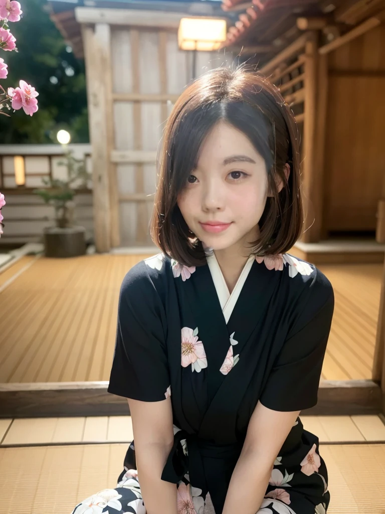 (masterpiece:1.3), High resolution, Very detailed, Highly detailed CG Unity 8K wallpapers, Realistic, photo-Realistic, RAW Photos, Beautifully detailed face, White skin, Realistic glistening skin, High-quality fabric, Detailed hair texture, Perfect body, Beautiful Face, Accurate, Anatomically correct, Very detailed顔と肌の質感, Natural neck length, (Beautiful Hands), (Fair skin:1.2), Thin legs, Thin legs, Beautifully aligned teeth all over the body、Plump thighs、I can see your thighs、The length of the kimono is short、Calf&#39;s Mouth、
Beautiful Eyes, Symmetrical eyes, Light brown eyes, double eyelid, (Glossy Lips:1.4), ((Smiling Kindly:1.2)), (blush:1.1)
Low Angle、Projection from below、
(Very cute girl:1.3), ((Wearing a high-end yukata with a cute floral pattern:1.3)), 
Big Breasts、Ample breasts, (Slim figure:1.1)
((Asymmetrical bangs:1.2)), Shortcuts
((Graceful posture:1.3)), 
((Overnight trip to Kyoto:1.4)),Looking at the audience
