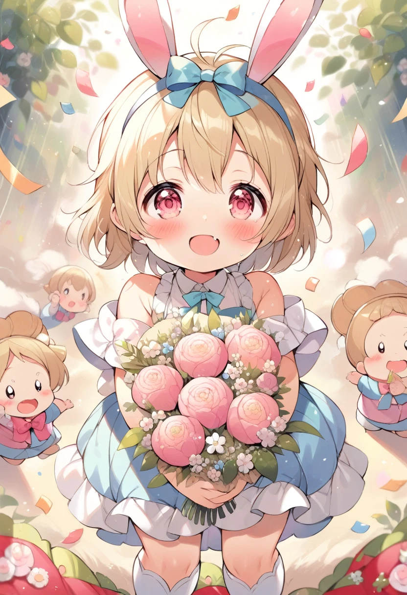 (best quality, masterpiece:1.2),(ultra high quality:1.2),smooth soft skin, natural skin, (super fine illustration:1.2), watercolor, breathtalking Scenery, breathtalking Beauty, breathtalking Cute,
BREAK
(little female child:1.8), (loli:1.8), 4 years old, (loli toddler:1.3), (preschooler:1.1),(infant:1.1),flat chest,baby face,oily skin, ultra cute face, happy smile, beautiful eyes, detailed eyes
BREAK
(short blond:1.2) messy hair,(fang:1.1), (pink eyes:1.2), puffy eyes, antenna hair,double tooth, blond hair,
BREAK
exposed navel,(excessive detailed navel:1.2),cropped pink camisole, micro mini denim shorts,high waist,exposed shoulders,
(floppy rabbit ears head band:1.5),Lop-eared head band,
BREAK
(holding flower bouquet:1.5), (Finger behind the bouquet:1.2), (Hands behind the bouquet:1.5), Ultra detailed flowers, (flowers background:1.1), (Flower bouquet:1.1), Falling petals, celebration, Solo, Congratulations, (blush:1.2), Confetti, (dust particles:1.2), Starshine, bloom effect, bow ribbon,Leaf carpet, Create a mesmerizing display of power and beauty,sunshine,