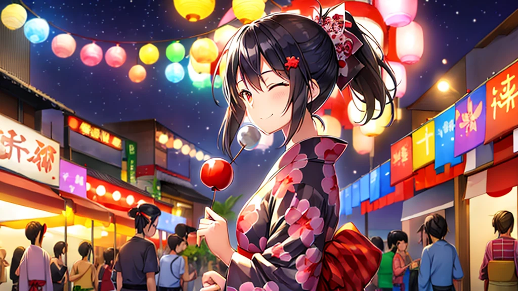1female, dress in yukata, ponytail hair, black hair, closed eyes, smile, holding candy apple, busy festival, summer festival, night, glowing street, anime, manga, anime art, potrait, (black and white) 