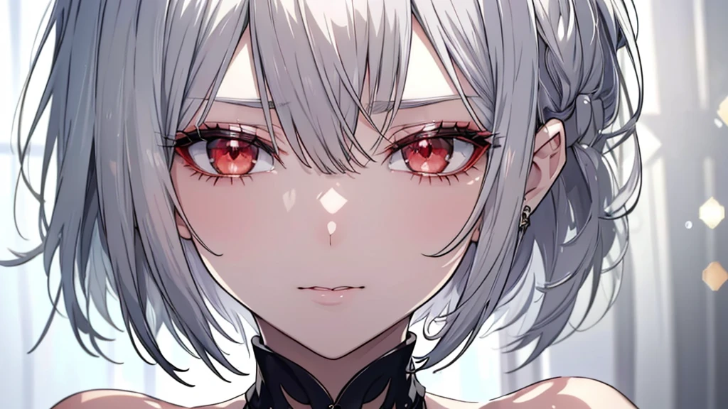 8k,High resolution RAW color art,Anime Art,Silver Marble Skin, (((Very detailed and cool))), Detailed skin, Bokeh、texture,(Exquisitely crafted, The finer details, Ultra-detailed art), (((1 girl))), Depth of written boundary, Silky Touch, Hyper Detail, (((Cool face))), eye shadow、woman, Beautiful detailed red eyes, Beautiful lip detail, Highly detailed face, Delicate depiction of hair and eyes, Grey Hair, Straight Hair、Short Hair、(((Completely naked)))、(((Bare Chest)))