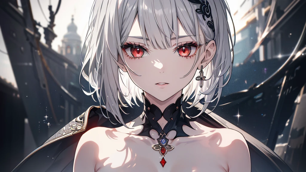 8k,High resolution RAW color art,Anime Art,Silver Marble Skin, (((Very detailed and cool))), Detailed skin, Bokeh、texture,(Exquisitely crafted, The finer details, Ultra-detailed art), (((1 girl))), Depth of written boundary, Silky Touch, Hyper Detail, (((Cool face))), eye shadow、woman, Beautiful detailed red eyes, Beautiful lip detail, Highly detailed face, Delicate depiction of hair and eyes, Grey Hair, Straight Hair、Short Hair、(((Completely naked)))、(((Bare Chest)))