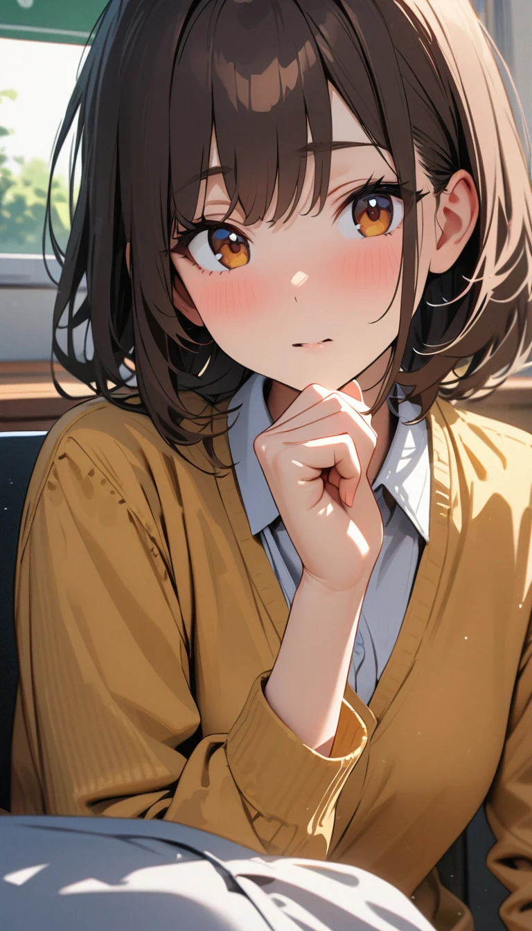 modern, Verism, masterpiece, textured skin, super detail, best quality, 4K , A woman with short bobbed dark brown hair is resting her chin on her hand, gazing intently with teary eyes at the person she likes. The setting is inside a high school classroom during the day.