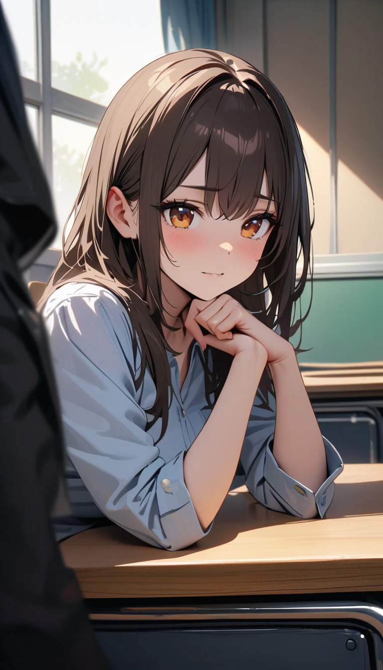 modern, Verism, masterpiece, textured skin, super detail, best quality, 4K , A woman with short bobbed dark brown hair is resting her chin on her hand, gazing intently with teary eyes at the person she likes. The setting is inside a high school classroom during the day.