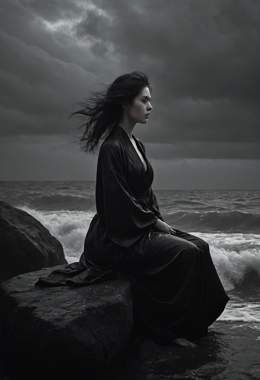A beautiful lady in dark robe sitting atop a rock in the middle of a sea, facing straight to the camera. The wind is strong, her black hair and her long tattered robe are fluttering in the wind direction. Black and white photo with dramatic effect. The sky is dark and stormy. Wave crash the rock she is seated on. too dark, chiaroscuro, low-key
Dark Ambient Dark Fantasy. Best quality, relief, dark gothic, conceptual art, Psychedelic, post-apocalyptic, ominous, Oil painting, red and yellow blobs, thin flowing lines, Anything, Long strokes, light gentle shadows, + 36.5mm f0 cinematic quality, + Peter style Elson, Alexey Maleev, Ryohei Hase,
Rafael Sanzio, Pino Daeni, Charlie Bowett, Albert Joseph Penaud, Ray Caesar,