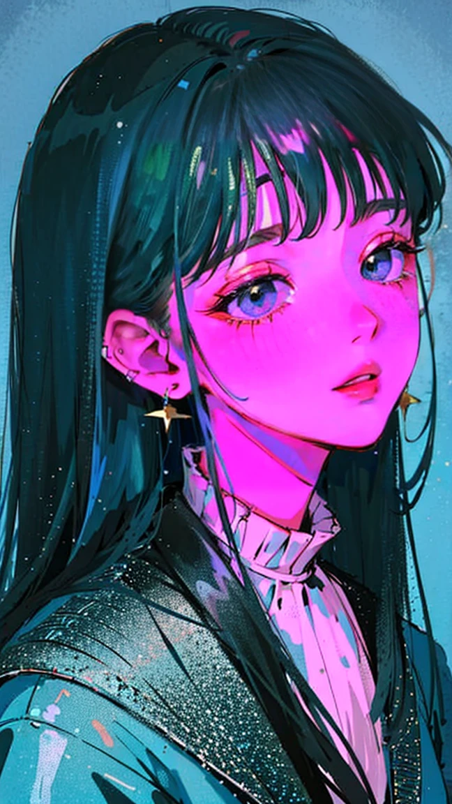 (Portraits:1.4), (masterpiece:1.2, best quality:1.2), from above, upper body, 1girl, Look up, face focus, extremely detailed face, extremely detailed eyes, good-looking, make up, fashion wear, earrings, Dark blue hair, straight bobbed hair, blunt bangs, warm, devoted, honest, pacifistic, gentle smile, pretty smile