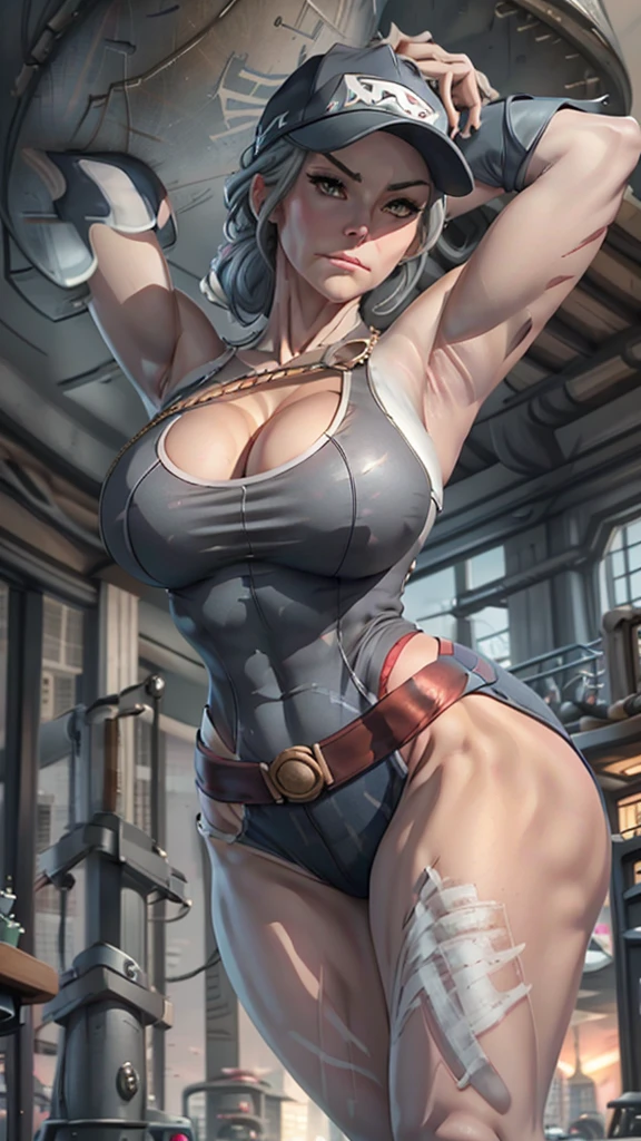 Thin strap tank top、mini skirt、Wearing sandals、Wearing a baseball cap、Tie the tail。Large Breasts、Rounded、Standing strong、Perfect figure、Thick thighs、meaty thighs、Sexy figure。Old woman、Aged woman、Gray dyed hair、Tired look。
Summer evening city、evening、sunset。