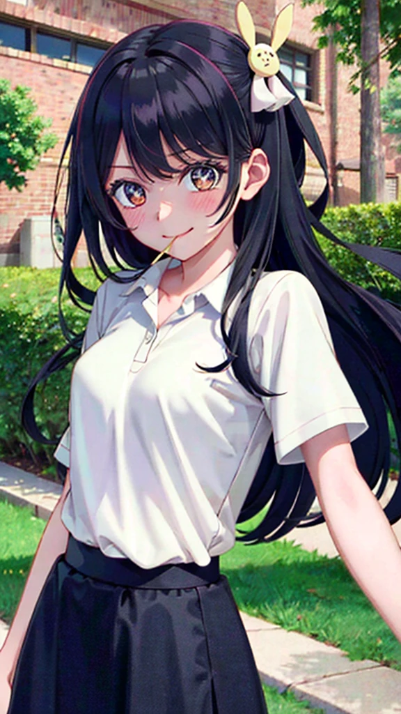 ((best quality)), ((masterpiece)), (details), one girl, sexy ((best quality)), ((masterpiece)), (details), one girl, sexy ((best quality)), ((masterpiece)), (details), one girl, full body, sexy expensive body, expensive, long legs, mature woman, mature, adult, it_nagatoro_main, Hayase Nagatoro, one girl, blushing, alone, uniform polo shirt, short sleeves, black hair,brown eyes, hair accessory, looking at viewer, hair clip, smiling, long hair, dark skinned woman, dark skin, , bangs, daytime, skirt, collared shirt, collarbone, ear clip, mouth closed, tree, asymmetrical bangs, upper body