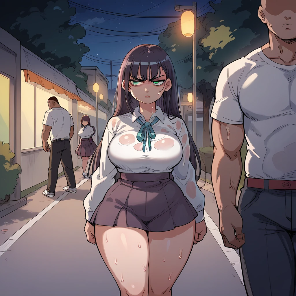 
1school girl, green eyes, sweaty, steamy, tired, green empty eyes, expressionless, plump lips, big breast, wide hips, bubble booty, annoyed, at black man, following her, walking on street, night, rating_questionable, 