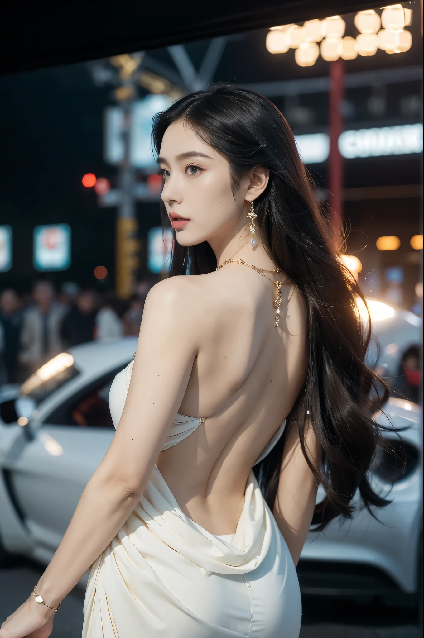 (((best quality))),(((ultra detailed))),(((masterpiece))),illustration,((1girl,gorgeous female model,solo)),((earrings,crystal necklace)),((slim,thin)),((bare back,towering hips,butt crack)),(standing:1.3),(beside a sleek futuristic car:1.3),(glamorres sparkled dress:1.3),intricate embellishments,drop-dead gorgeous,(shoulder length straight hair:1.2),vibrant piercing eyes,delicate facial features,rosy cheeks,parted res lips,confident allure,beauty grace,intricate patterns,shimmering fabric,elegant draping,complementary skin tone,radiates beauty,allure,sleek streamlined design,futurism,smooth curves angles,ambient lighting,ethereal aura,intricate patterns,LED lights,glow,sea of activity,(surrounded by crowded crowds:1.3),examine cars,electric atmosphere,cyberpunk style,excitement anticipation,energy palpable,enthusiasm future automobiles,modern elegance,technological innovation,captivating vibrant scene,invite viewers step into future,embrace beauty,((from back,upper body))