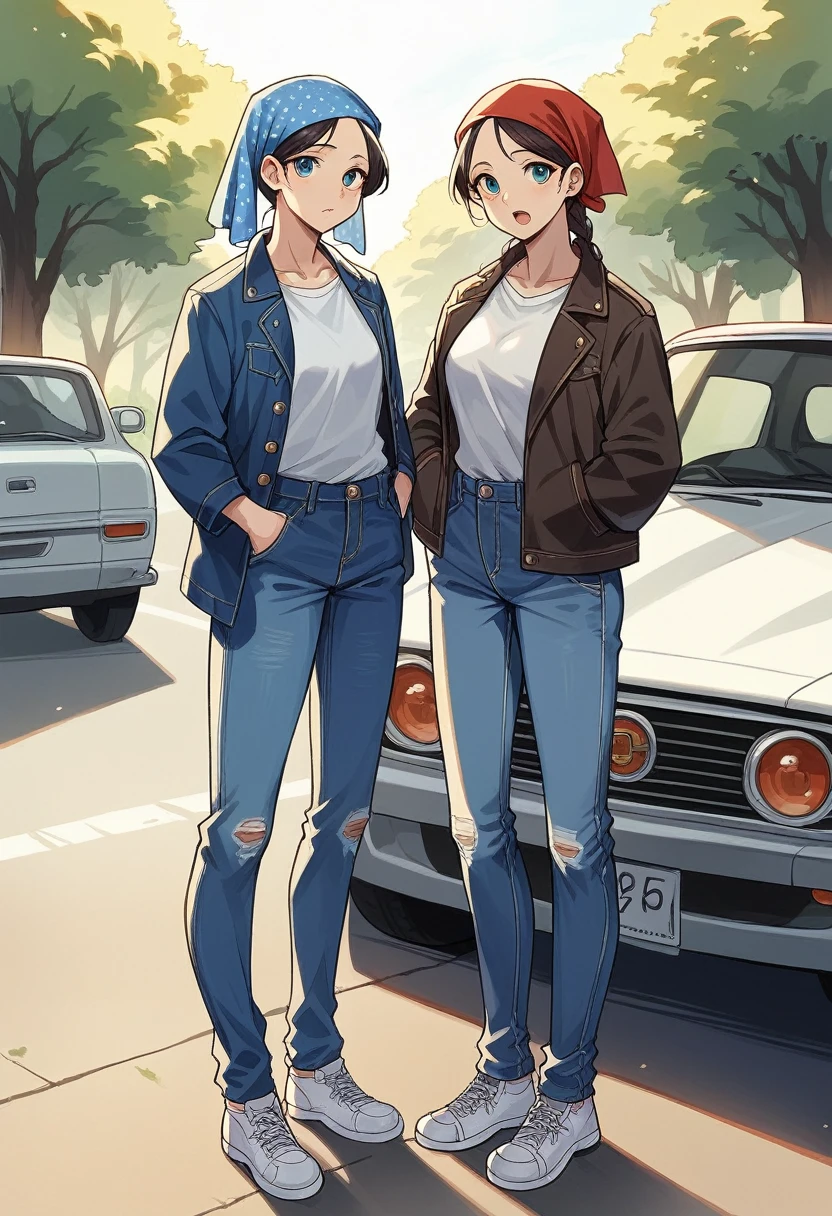 A 24-year-old Arab girl wearing a headscarf stands confidently next to a classic car, her hands tucked in her pockets. She's wearing a blue denim jacket over a white T-shirt and light blue jeans, with white sneakers completing the look. The car behind him is an iconic model from the 1960s, its vintage charm highlighted by its beige color and round headlights.